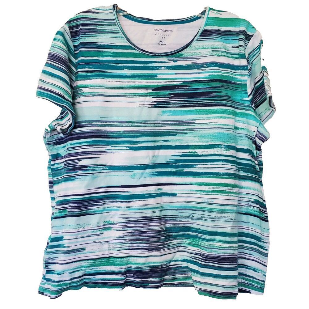Croft & Barrow Classic Tee Top Womens Size PXL Blue Stripes Cotton Short Sleeve